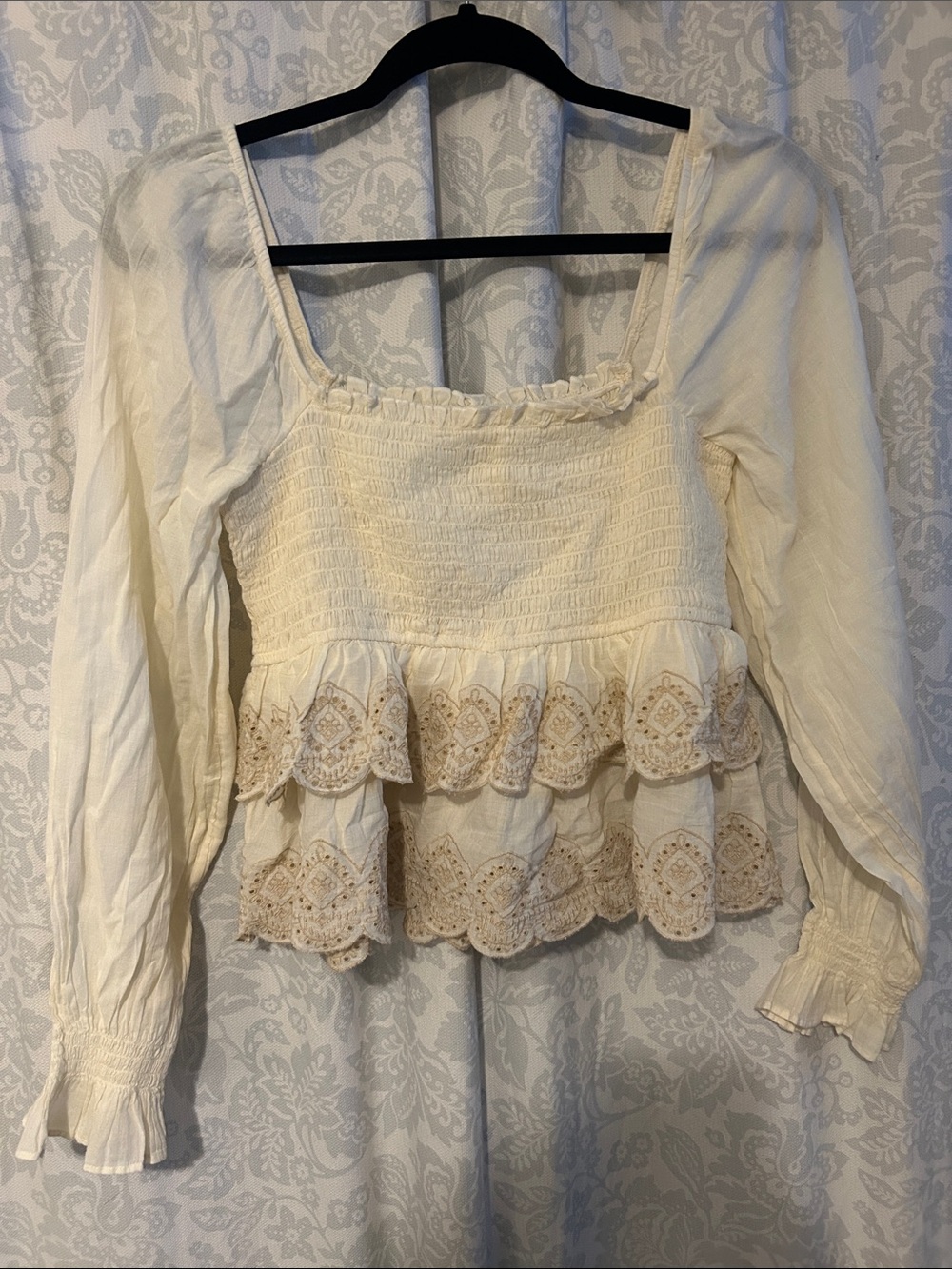 American Eagle Outfitters Cream Peplum Smocked Blouse with Lace Trim